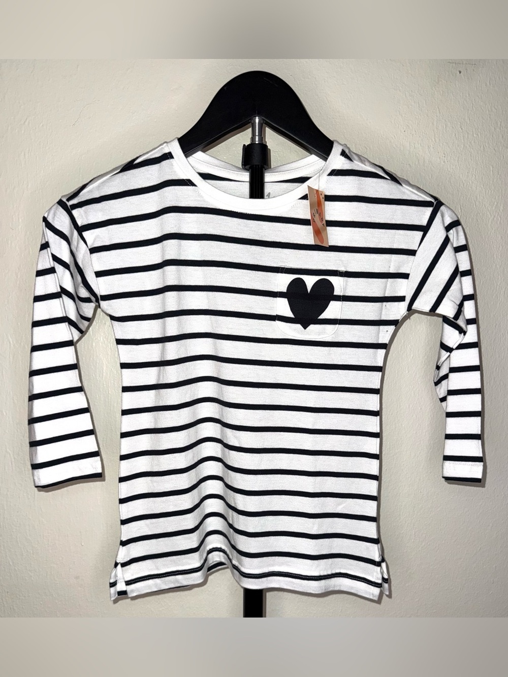 Primary Kids striped long-sleeve tee, black and white, sz 4-5, NWT
